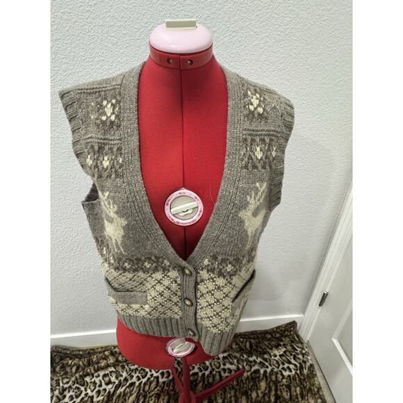 Wool Blend Sweater Vest Gray Beige Fair Isle Reindeer Christmas Winter Holiday - Picture 1 of 7